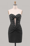 Red Strapless Ruched Bodycon Corset Homecoming Dress with Pearls