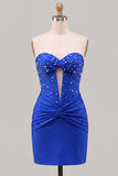 Red Strapless Ruched Bodycon Corset Homecoming Dress with Pearls