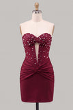 Red Strapless Ruched Bodycon Corset Homecoming Dress with Pearls