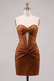 Red Strapless Ruched Bodycon Corset Homecoming Dress with Pearls