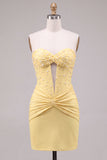 Red Strapless Ruched Bodycon Corset Homecoming Dress with Pearls
