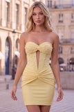 Red Strapless Ruched Bodycon Corset Homecoming Dress with Pearls