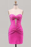 Red Strapless Ruched Bodycon Corset Homecoming Dress with Pearls