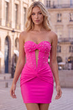 Red Strapless Ruched Bodycon Corset Homecoming Dress with Pearls