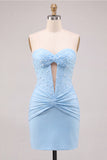 Red Strapless Ruched Bodycon Corset Homecoming Dress with Pearls