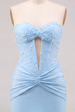 Red Strapless Ruched Bodycon Corset Homecoming Dress with Pearls