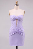 Red Strapless Ruched Bodycon Corset Homecoming Dress with Pearls