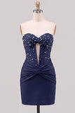 Red Strapless Ruched Bodycon Corset Homecoming Dress with Pearls