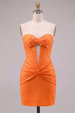 Red Strapless Ruched Bodycon Corset Homecoming Dress with Pearls