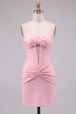 Red Strapless Ruched Bodycon Corset Homecoming Dress with Pearls