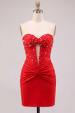 Red Strapless Ruched Bodycon Corset Homecoming Dress with Pearls
