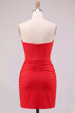 Red Strapless Ruched Bodycon Corset Homecoming Dress with Pearls