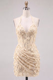Halter Light Blue Sequin Ruched Corset Homecoming Dress with 3D Flowers