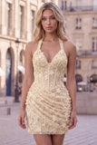 Halter Light Blue Sequin Ruched Corset Homecoming Dress with 3D Flowers