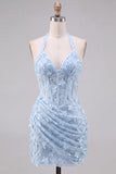 Halter Light Blue Sequin Ruched Corset Homecoming Dress with 3D Flowers