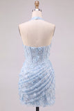 Halter Light Blue Sequin Ruched Corset Homecoming Dress with 3D Flowers