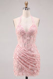 Halter Light Blue Sequin Ruched Corset Homecoming Dress with 3D Flowers