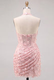 Halter Light Blue Sequin Ruched Corset Homecoming Dress with 3D Flowers