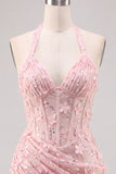 Halter Light Blue Sequin Ruched Corset Homecoming Dress with 3D Flowers