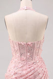 Halter Light Blue Sequin Ruched Corset Homecoming Dress with 3D Flowers
