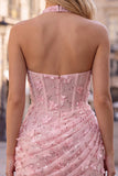 Halter Light Blue Sequin Ruched Corset Homecoming Dress with 3D Flowers