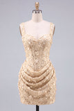 Corset Apricot Bodycon Ruched Sequin Homecoming Dress with 3D Flowers