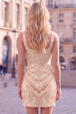 Corset Apricot Bodycon Ruched Sequin Homecoming Dress with 3D Flowers