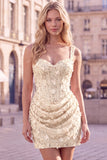 Corset Apricot Bodycon Ruched Sequin Homecoming Dress with 3D Flowers
