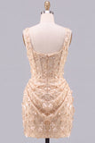 Corset Apricot Bodycon Ruched Sequin Homecoming Dress with 3D Flowers