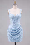 Corset Apricot Bodycon Ruched Sequin Homecoming Dress with 3D Flowers