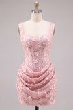 Corset Apricot Bodycon Ruched Sequin Homecoming Dress with 3D Flowers