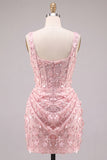 Corset Apricot Bodycon Ruched Sequin Homecoming Dress with 3D Flowers
