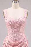 Corset Apricot Bodycon Ruched Sequin Homecoming Dress with 3D Flowers