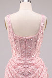 Corset Apricot Bodycon Ruched Sequin Homecoming Dress with 3D Flowers