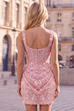 Corset Apricot Bodycon Ruched Sequin Homecoming Dress with 3D Flowers