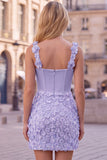 Lilac Corset Ruched Sequin Bodycon Homecoming Dress with 3D Flowers
