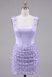 Lilac Corset Ruched Sequin Bodycon Homecoming Dress with 3D Flowers