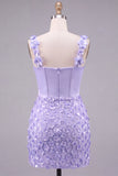 Lilac Corset Ruched Sequin Bodycon Homecoming Dress with 3D Flowers