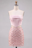 Pink 2 Piece Corset Sequin 3D Flower Strapless Homecoming Dress