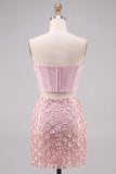 Pink 2 Piece Corset Sequin 3D Flower Strapless Homecoming Dress