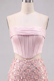 Pink 2 Piece Corset Sequin 3D Flower Strapless Homecoming Dress
