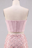 Pink 2 Piece Corset Sequin 3D Flower Strapless Homecoming Dress