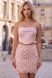 Pink 2 Piece Corset Sequin 3D Flower Strapless Homecoming Dress