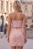 Pink 2 Piece Corset Sequin 3D Flower Strapless Homecoming Dress