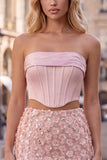 Pink 2 Piece Corset Sequin 3D Flower Strapless Homecoming Dress