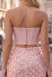Pink 2 Piece Corset Sequin 3D Flower Strapless Homecoming Dress