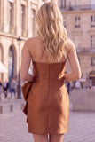 Strapless Chocolate Bodycon Homecoming Dress with Pearl Bow