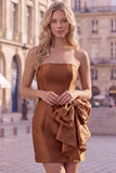 Strapless Chocolate Bodycon Homecoming Dress with Pearl Bow
