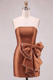 Strapless Chocolate Bodycon Homecoming Dress with Pearl Bow