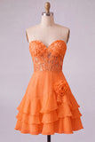 Orange Sweetheart Applique Tiered A Line Homecoming Dress with 3D Flower